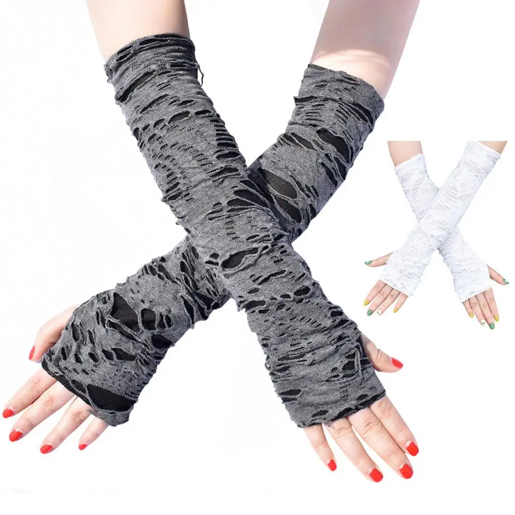 

1 Pair Thumbhole Design Long Halloween Fingerless Gloves Casual Ripped Holes Decor Adult Cosplay Gloves Punk Style Arm Sleeves