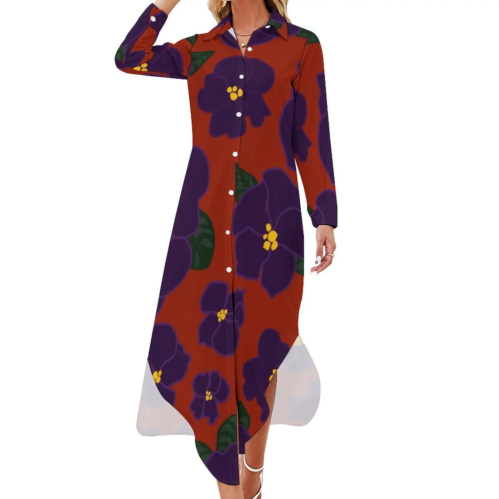 

African Violets on red Long Sleeved Shirt Dress prom clothes women's clothing korea stylish Long veiled dresses