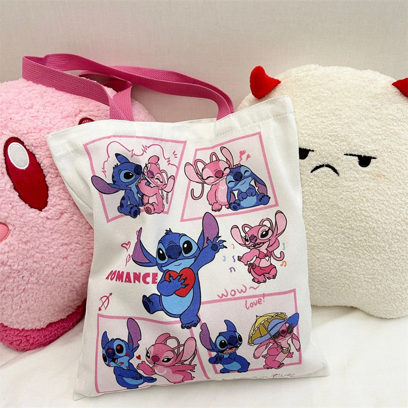 Borsa di tela Disney Stitch Cute Cartoon Angel Fashion borsa per lo Shopping portatile ad alta capacità borsa a tracolla fresca regali di festa