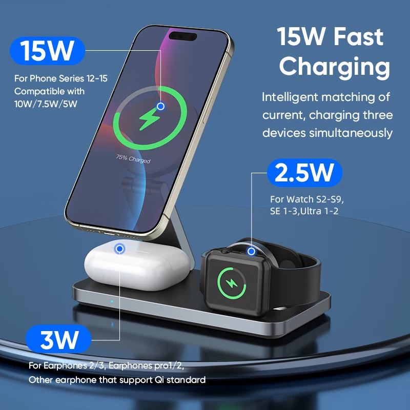 Magnetic Foldable 3 in 1 Desk Wireless Charger Stand for iPhone 15 14 13 12 11 Pro Max Samsung Qi Certified 15W Fast Charger