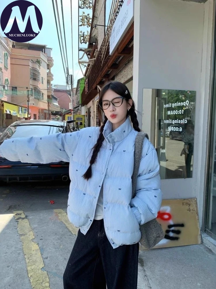 

Women's Blue Stripes Bow Stand Collar Winter down Jacket Thickened Korean Fashion Casual Loose Warm Parker Coat