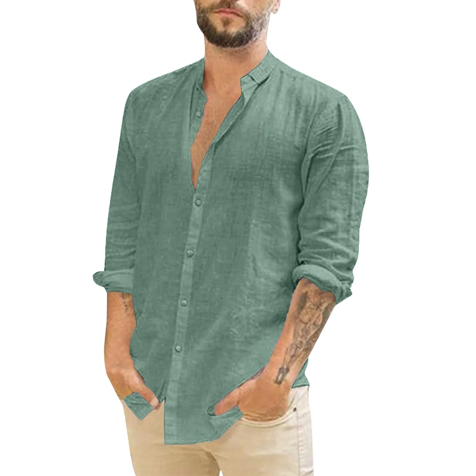 Cotton Linen Green Shirt Men\'S Long-Sleeve Shirts Summer Solid Color Stand-Up Collar Casual Beach Style Blouse Plus Size Chemise