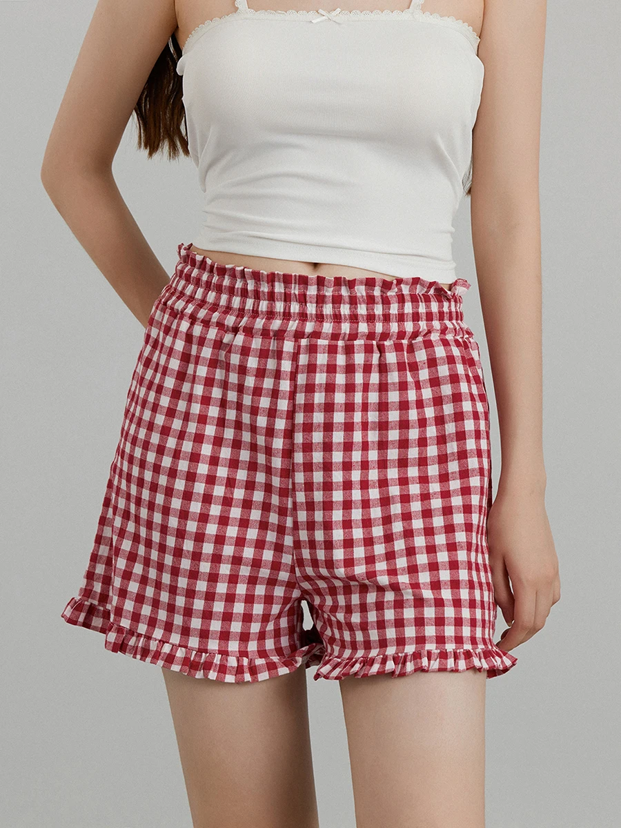 Short à carreaux décontracté pour femme, coupe adt, taille élastique, froncé, bordure à volants, pantalon court, short de salon