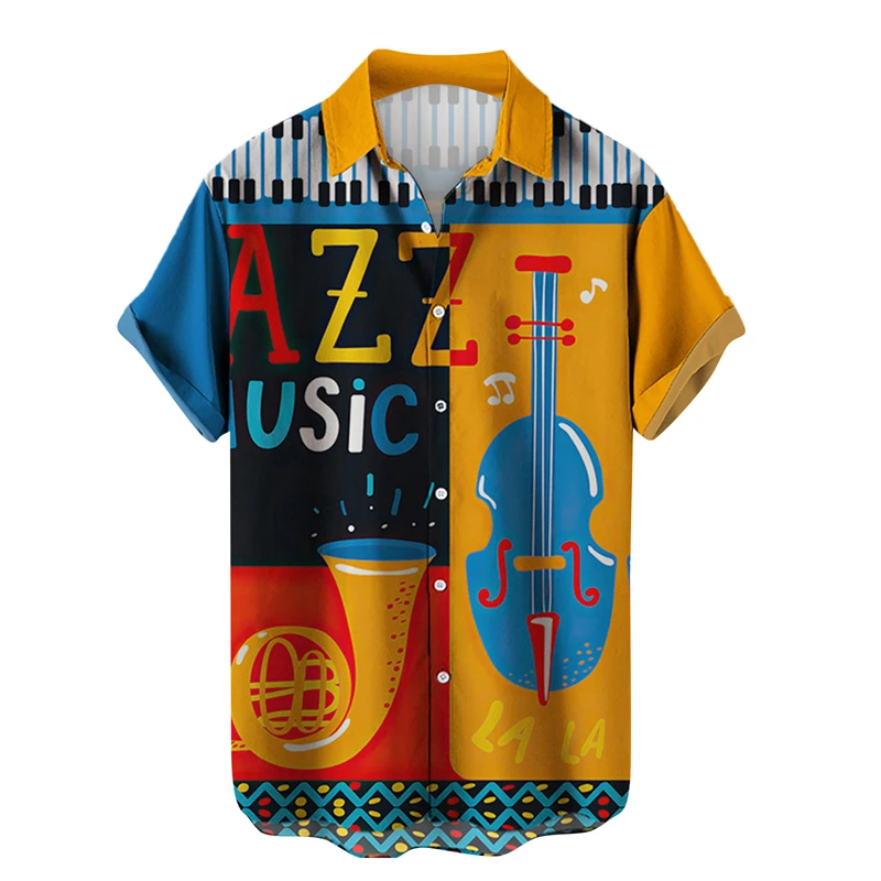 Music Guitar Graphic Shirts for Men Clothing 3D Printed Hawaiian Beach Shirts Short Sleeve y2k Tops Vintage Clothes Lapel Blouse