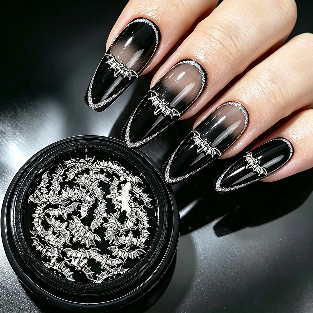 1 Glas Mini Legierung Silber Fledermaus Halloween Nagelrhinestone Metall Fledermaus Französische 3D Nagelcharms Glänzende Silberne Fledermausflügel Maniküre Dekoration – Detail 5