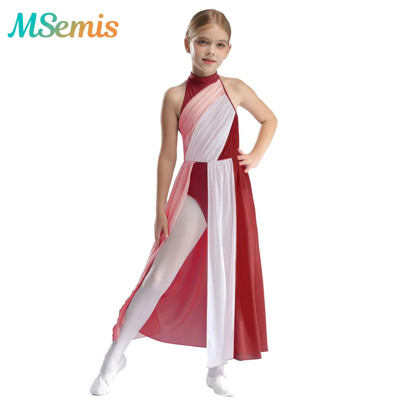 

Kids Girls Gymnastics Leotard Figure Skating Ballet Jersey Skirted Maxi Dresses Contemporary Dance Costume Worship Praise dress
