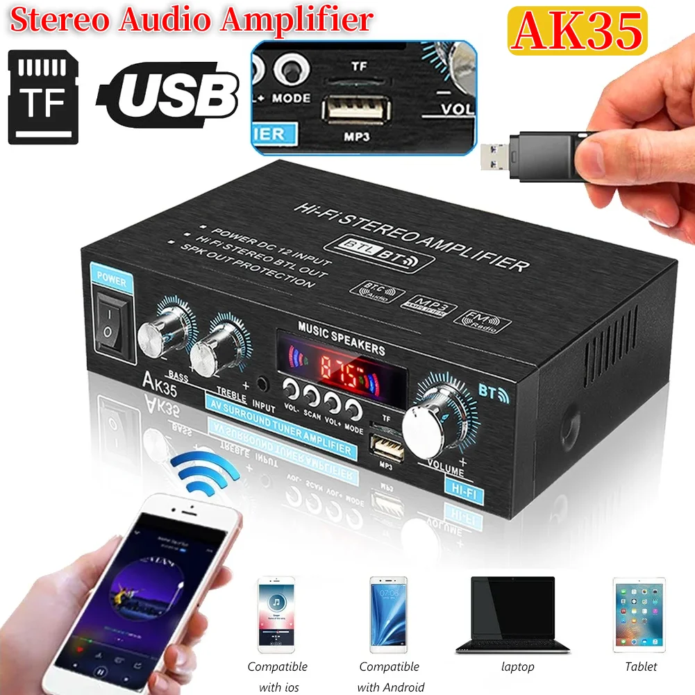 HiFi Digital AK35 Bluetooth Amplifiers MP3 Channel 2.0 Sound AMP Support 110V-240V for Home Car FM USB Remote Control