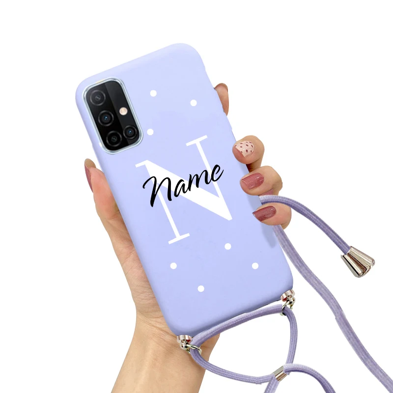 Custom Name Initial Polka Dot Case For Samsung galaxy A12 A52 A52S A72 A51 A71 S23 S24 Plus S22 S21 S20 FE S10 Strap Rope Cover