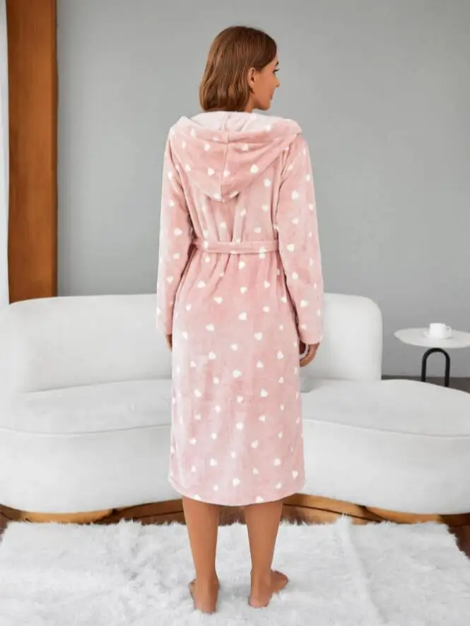 Loose Coral Fleece Home Clothes Lounge Wear Winter Flannel Hooded Robe Nightgown Kimono Bathrobe Gown Thickened Warm Sleepwear