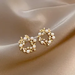 925 Silver Needle Korean Fashion Pearl Wreath Earrings For Women Jewelry 2026 Trending Women's Crystal Flower Stud Earrings z40