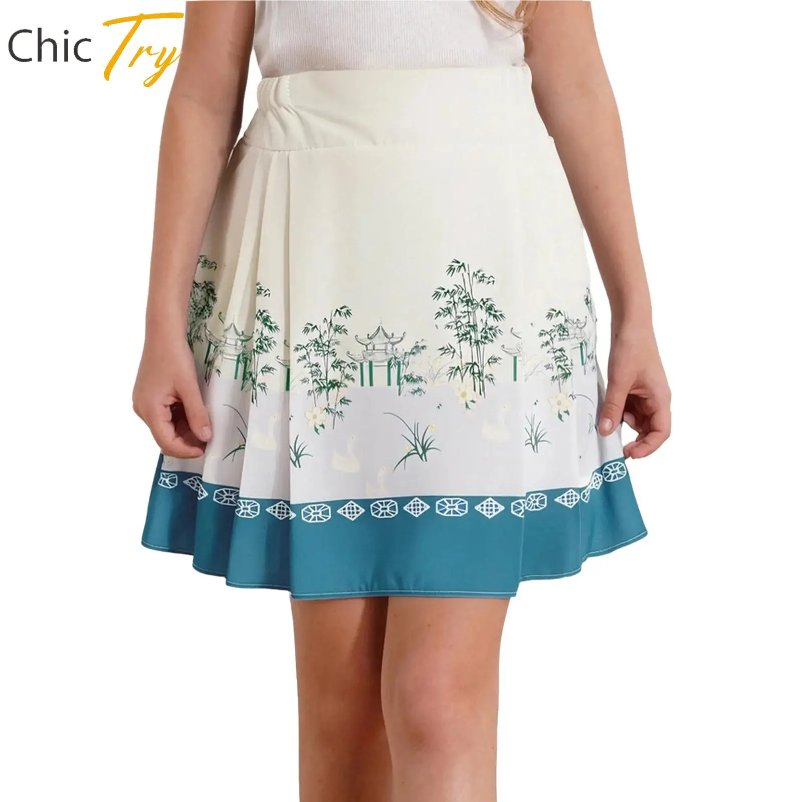 

Chinese Style Horse-Face Skirt Traditional Birthday Halloween Theme Party Costumes A-Line Printed Pleated Skirts for Kids Girls