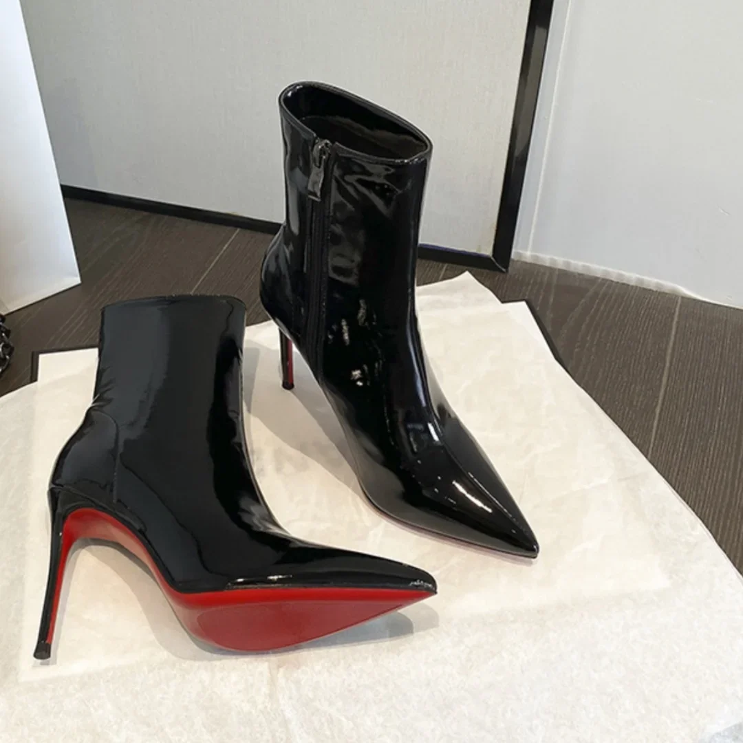 

Women's Black Ankle Boots Autumn Winter Patent Leather Stiletto High Heels Pointed Toe Slim Fit Sexy Sophisticated Red Sole Boot