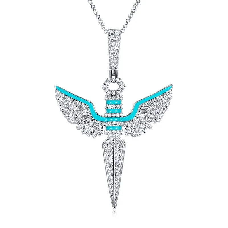 S925 Silver Enamel Wing Darts Moissanite Pendatn Necklace for Women Men Jewelry White Gold Plated Charm Necklaces Pass Tester