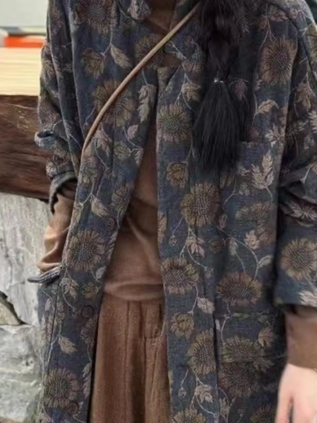 

Хлопковая куртка с принтом в стиле ретро, женская зимняя теплая длинная свободная утягивающая куртка с воротником-стойкой на пуговицах, длинное пальто све