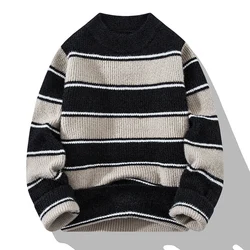 New Men's Autumn and Winter Pullover Round Neck Spliced Stripe Fashion Casual Loose Sweater Knitted Versatile Long Sleeved Tops