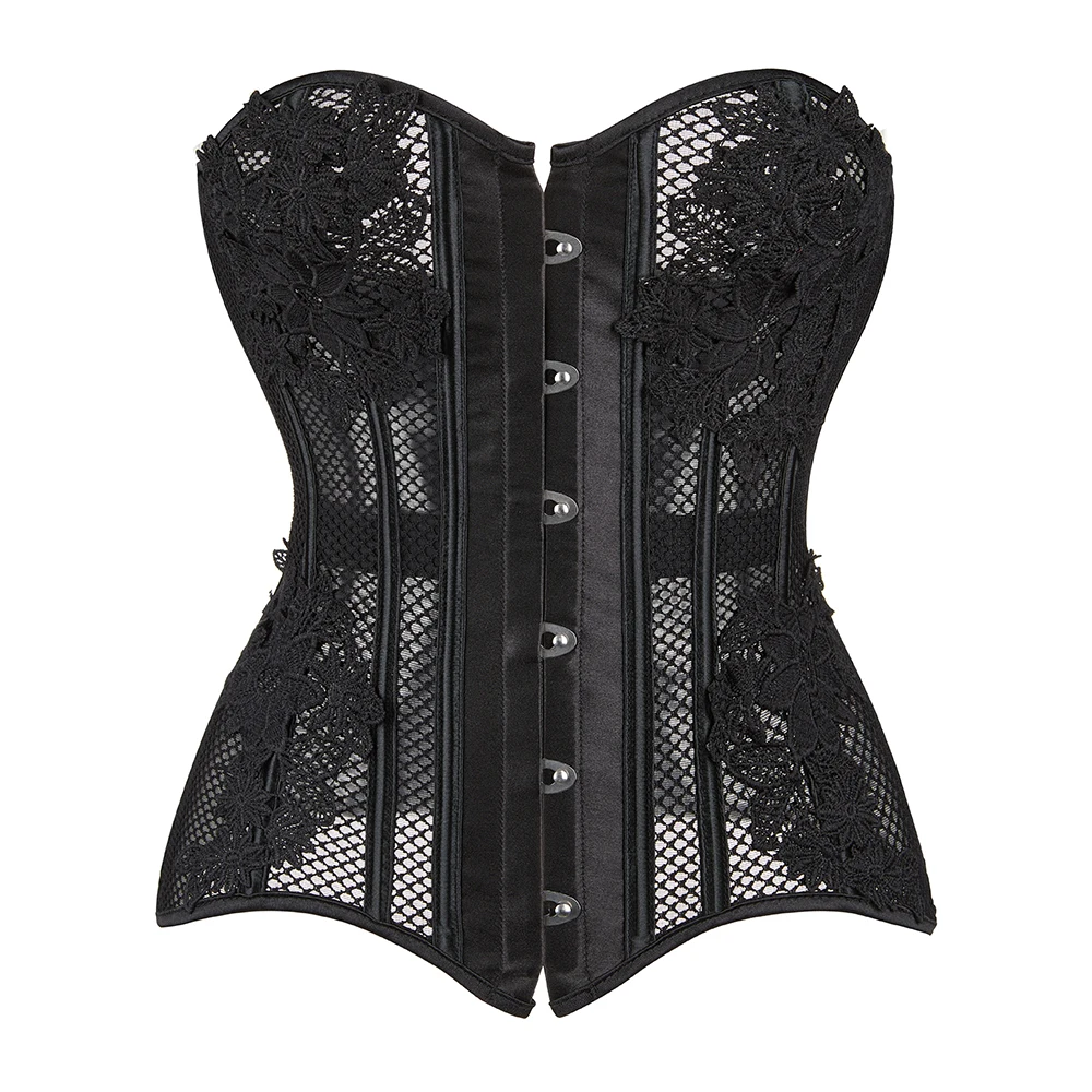 Floral Overbust Corset Sexy Lingerie Women Hollow Out Corsages Black Bustier Top