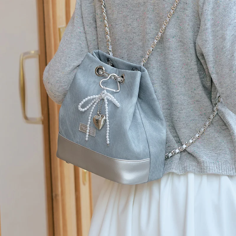 Semir Backpack Women 2025 New Style Stylish Color-blocking Imitation Denim Bucket Bag Bowknot Chain Bag Popular