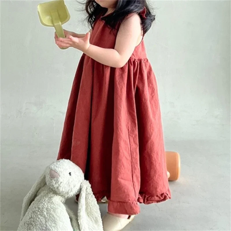 Korean Style New Summer Clothes for Baby Girl Dress Back V-neck Sleeveless Princess Dress Loose doll skirt Kids Clothes E1158