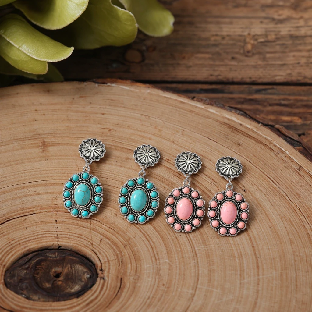 Pink Turquoise Earrings for Women Coral Western Dangle Earrings with Concho Stone - Turquoise Squash Blossom