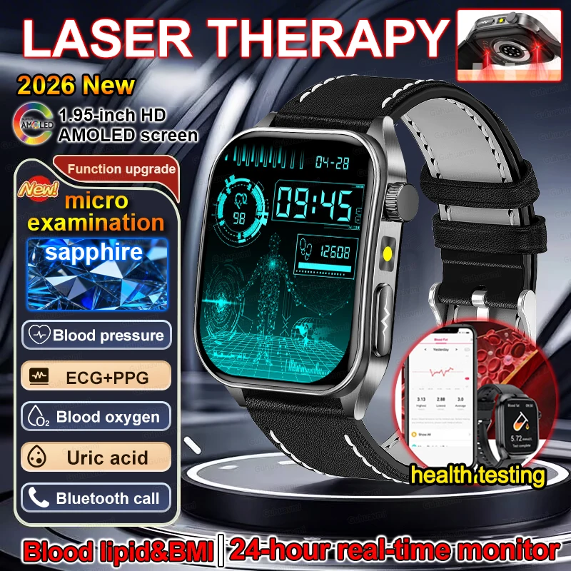 New Health Managed 650nm Laser Smart Watch Sapphire Health Measure Blood Oxygen Pressure Uric Acid Call ECG+PPG Smartwatch Men