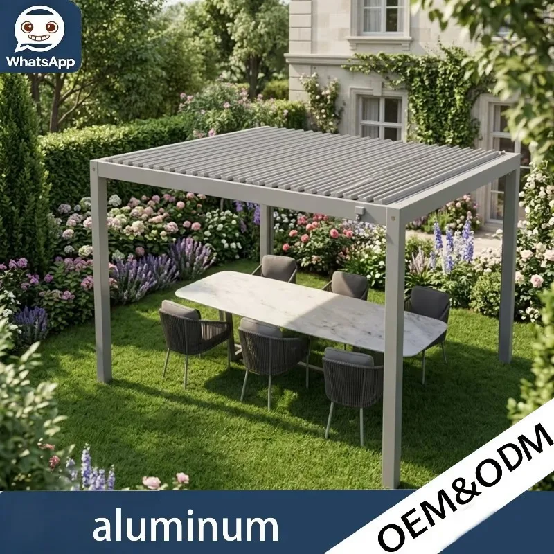 Customizable Luxury Aluminum Alloy Outdoor Balcony Pergola Adjustable Louver Roof Windproof Waterproof Built In LED Lighting