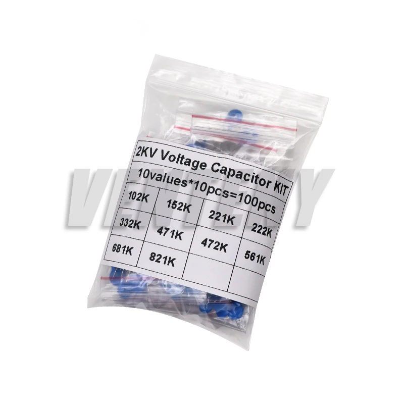 100PCS High Voltage Ceramic Capacitor Kit 2KV 2000V Capacitance Assortment Set 102K 221K 332K 471K 472K 561K 681K 821K