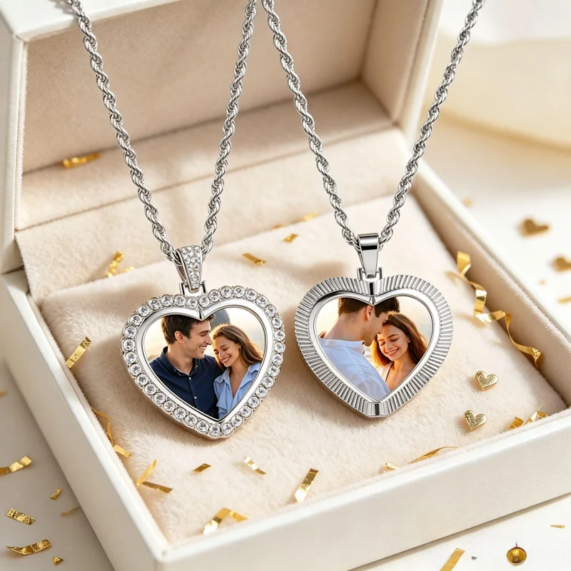 360° rotating double-sided photo heart necklace, personalised photo heart pendant, memory keepsake gift