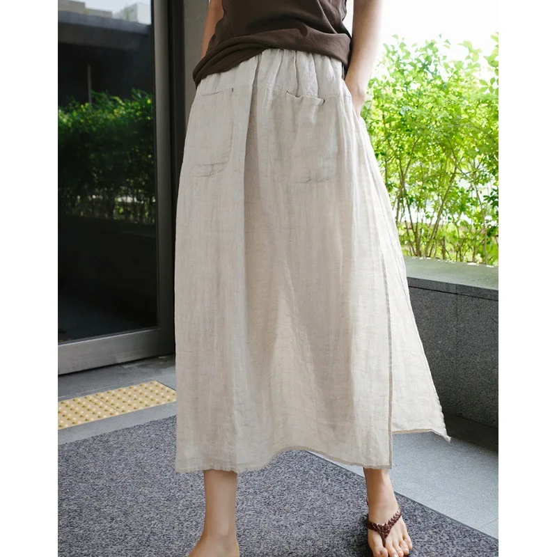 Female Mom Long Skirts for Women Spring Summer Two-piece Spliced Skirt Pant Women Cotton Linen Slacks Wide-leg Cropped Pants