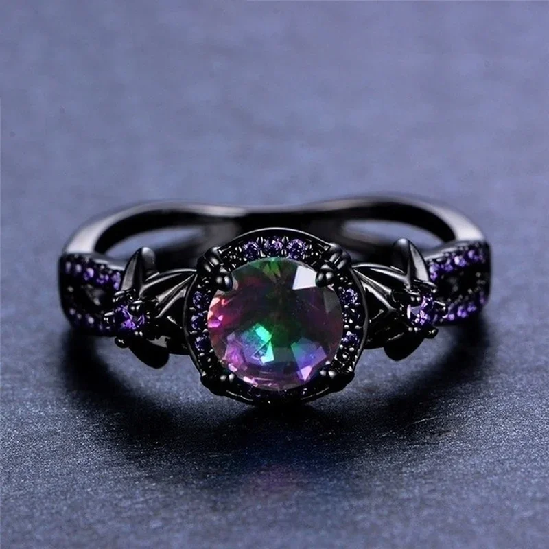 Bamas Mystic Rainbow Fire Topaz Flower Ring Purple Amethyst Black Gold Jewelry Size 6-10