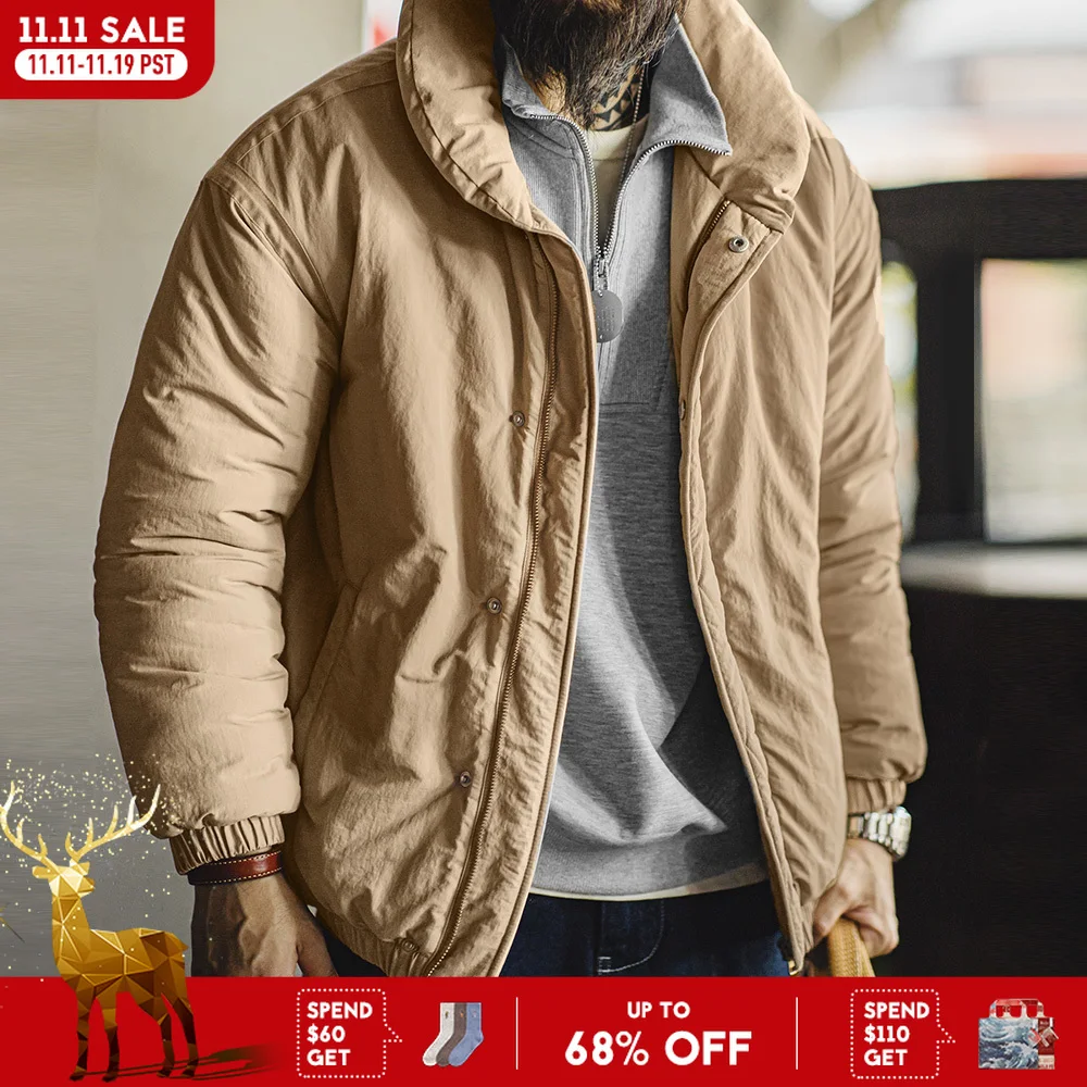 

Maden Retro Khaki Stand-up Collar Cotton-padded Coat Thickened Warm Puffy Jacket with Zipper for Men's Fall and Winter Outerwear