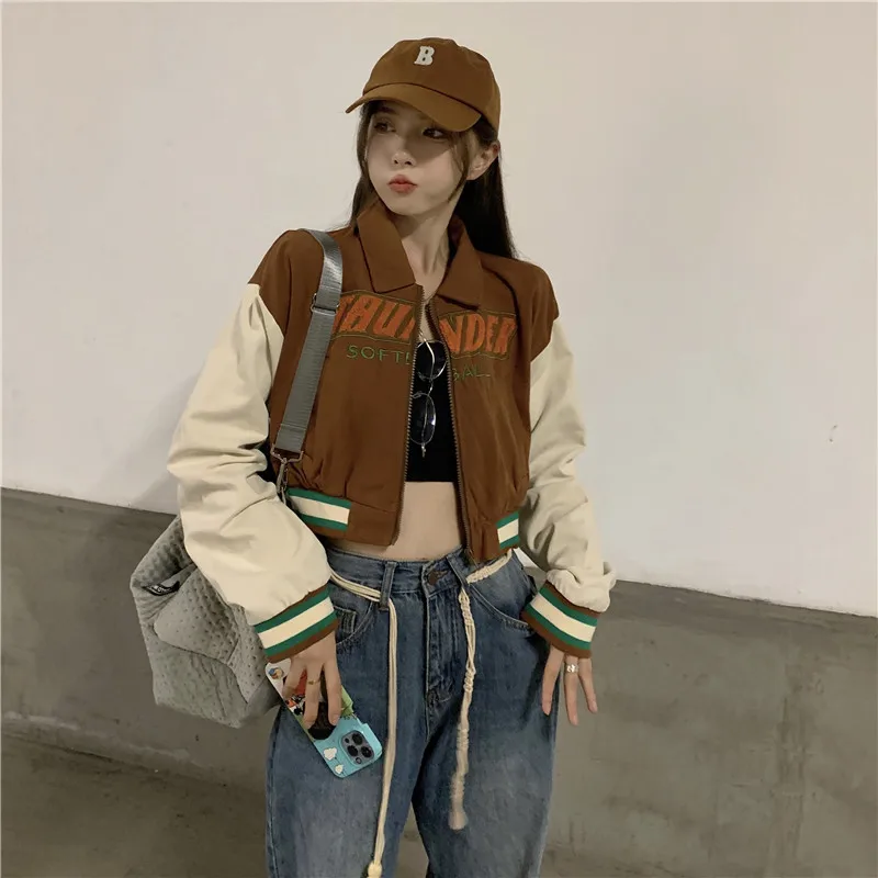 MEXZT Streetwear donna Retro Letter Crop cappotti da Baseball autunno Harajuku colletto rovesciato BF giacche Casual coreano Outwear Y2k top