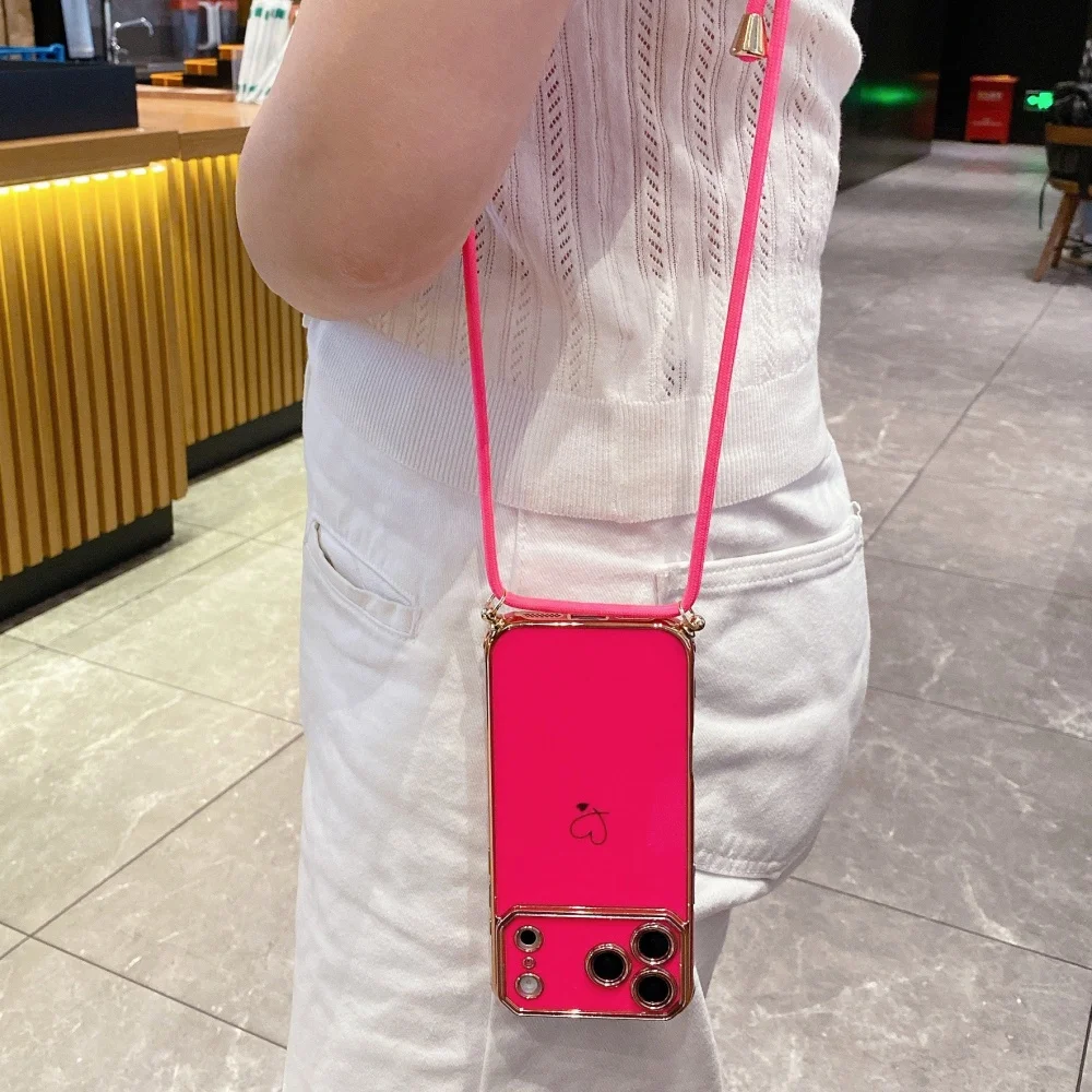 Crossbody-Halsband-Schultergurt-Hülle für iPhone 18 17 Pro Max 16 13 15 14 Plus, vergoldetes Herz, weiche Silikonhülle – Detail 4