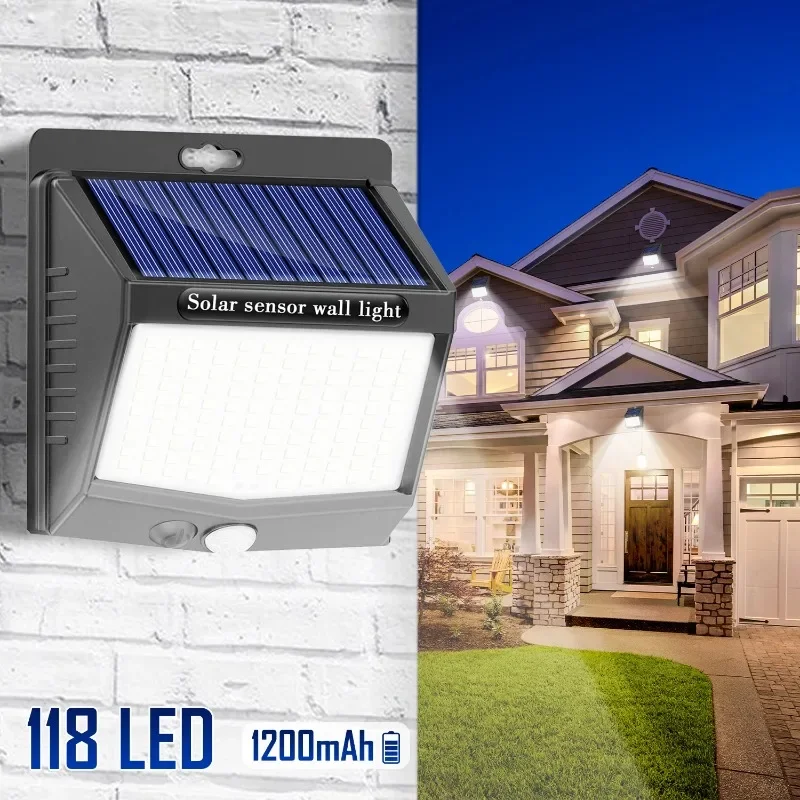 

118 LEDs Solar Outdoor Garden Lights Super Bright PIR Motion Sensor Wall Light Waterproof Solar Powered Security Lamp 3 Modes