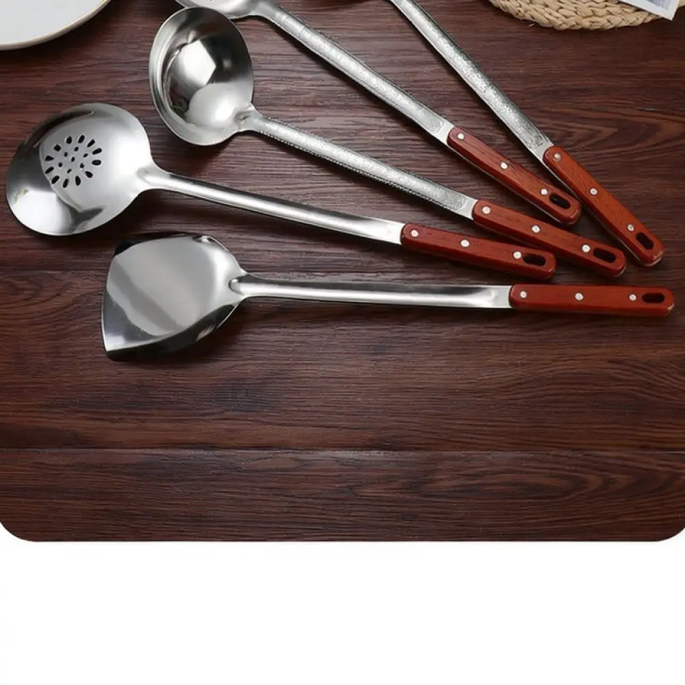 Stainless Steel Kitchen Tools Set Wooden Handle Cooking Utensils Turner Ladle Skimmer Frying Spoon Modern Home Setup