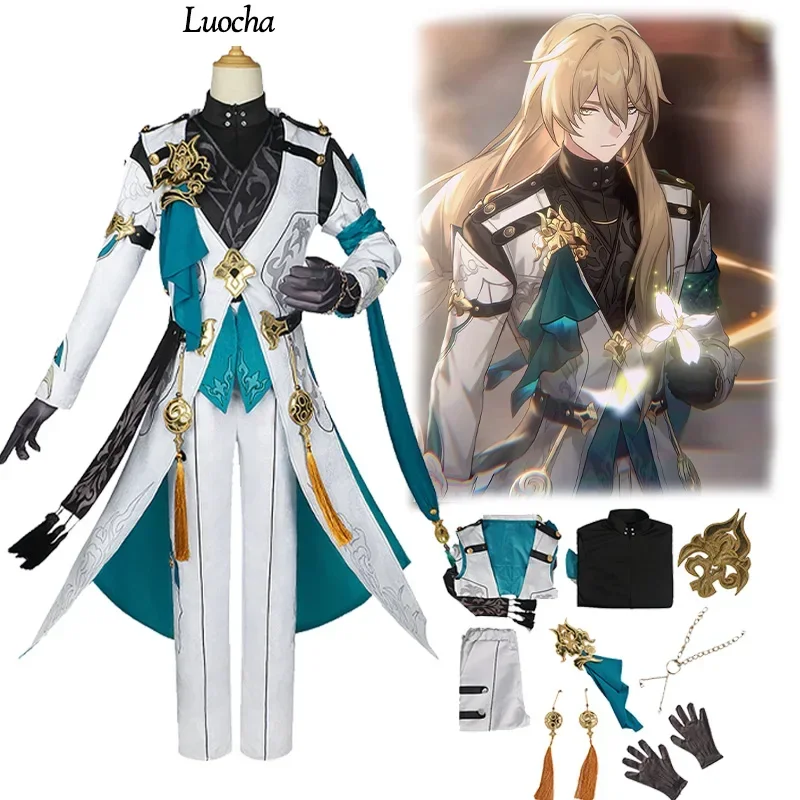 

Anime Game Honkai Star Rail Luocha Cosplay Wig Set Costume Uniform Outfit Gloves Xianzhou Luofu Trader Role Play Party