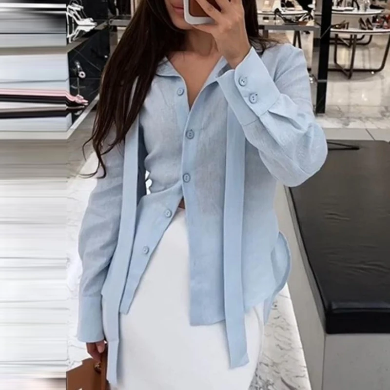 

Fashion Solid Color Lace Up Women Shirts Elegant Long Sleeve Loose Blouse Autumn New Single Breasted French Style Commute Tops