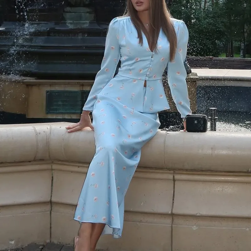 

Women French Floral Print 2 Piece Outfits Set Summer V Neck Long Sleeve Ruffle Peplum Top Mermaid Skirt Elegant Work Party Dress