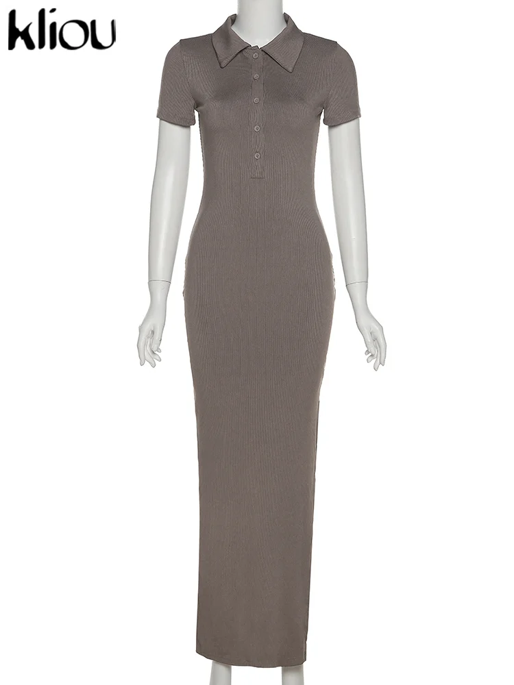 Kliou Elegante Büro Dame Maxi Kleid Frauen Solide Mode drehen-unten Kragen Kurzarm Taste Seite Schlitz Körper-gestaltung Straße Robe – Detail 11