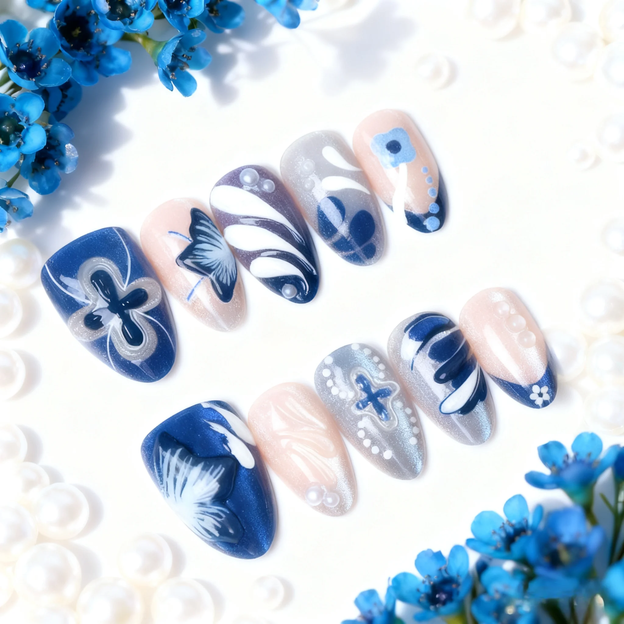 

Новинка, 30 шт., синие градиентные цветы, накладные ногти, миндалевидные накладные ногти средней длины, носимые, с полным покрытием, акриловые многоразовые типсы для ногтей