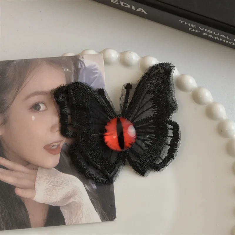 Gothic-Haarspangen mit Dämonenaugen-Schmetterling, schwarz-weiße Spitzenhaarspangen, Y2K-Haaraccessoires für Mädchen, Punk-Hip-Hop-Schmuck_voghion.com