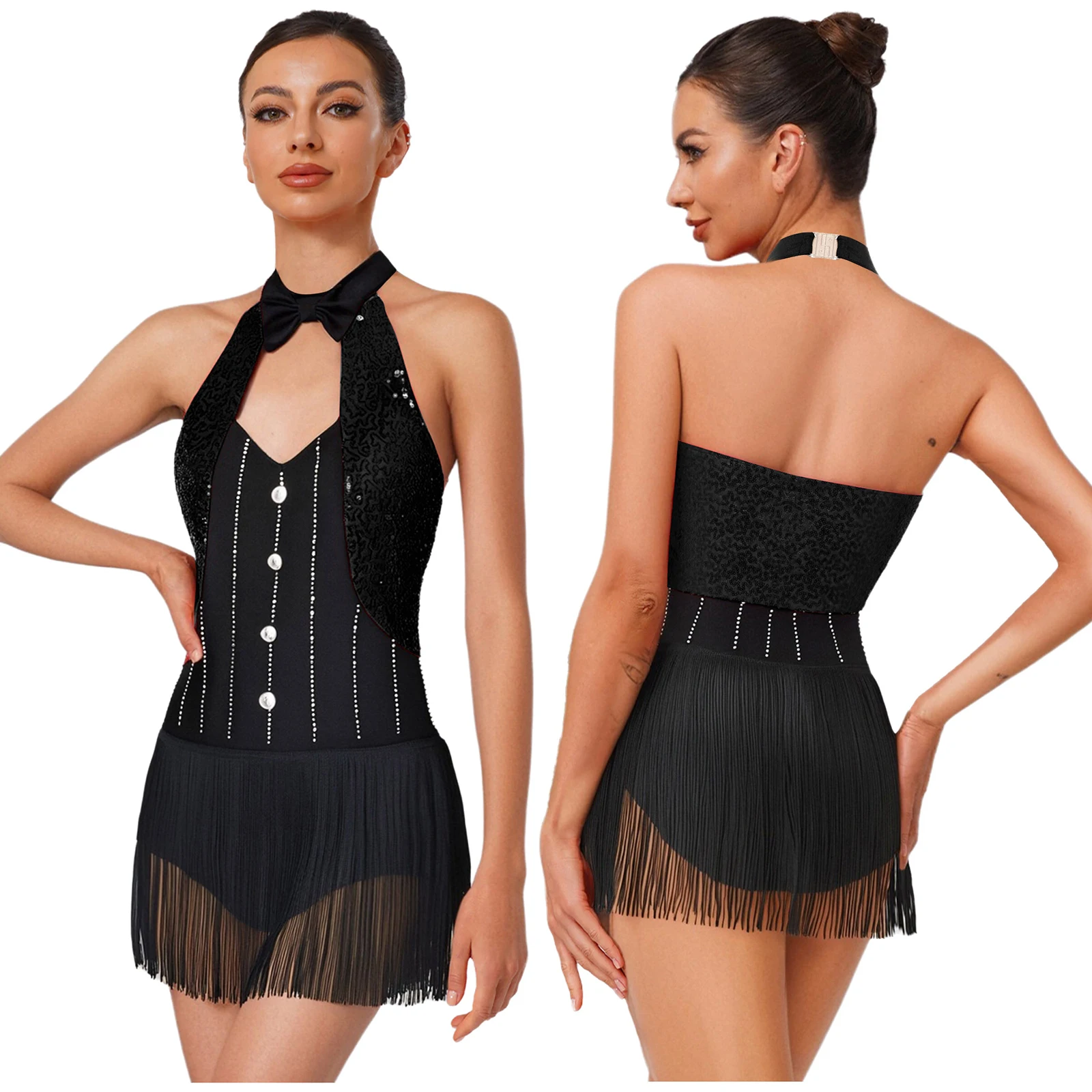 Women Jazz Latin Dance Leotard Tango Cha-cha Salsa Ballroom Performance Costumes Shiny Sequins Tassel Fringe Dancewear Jumpsuits