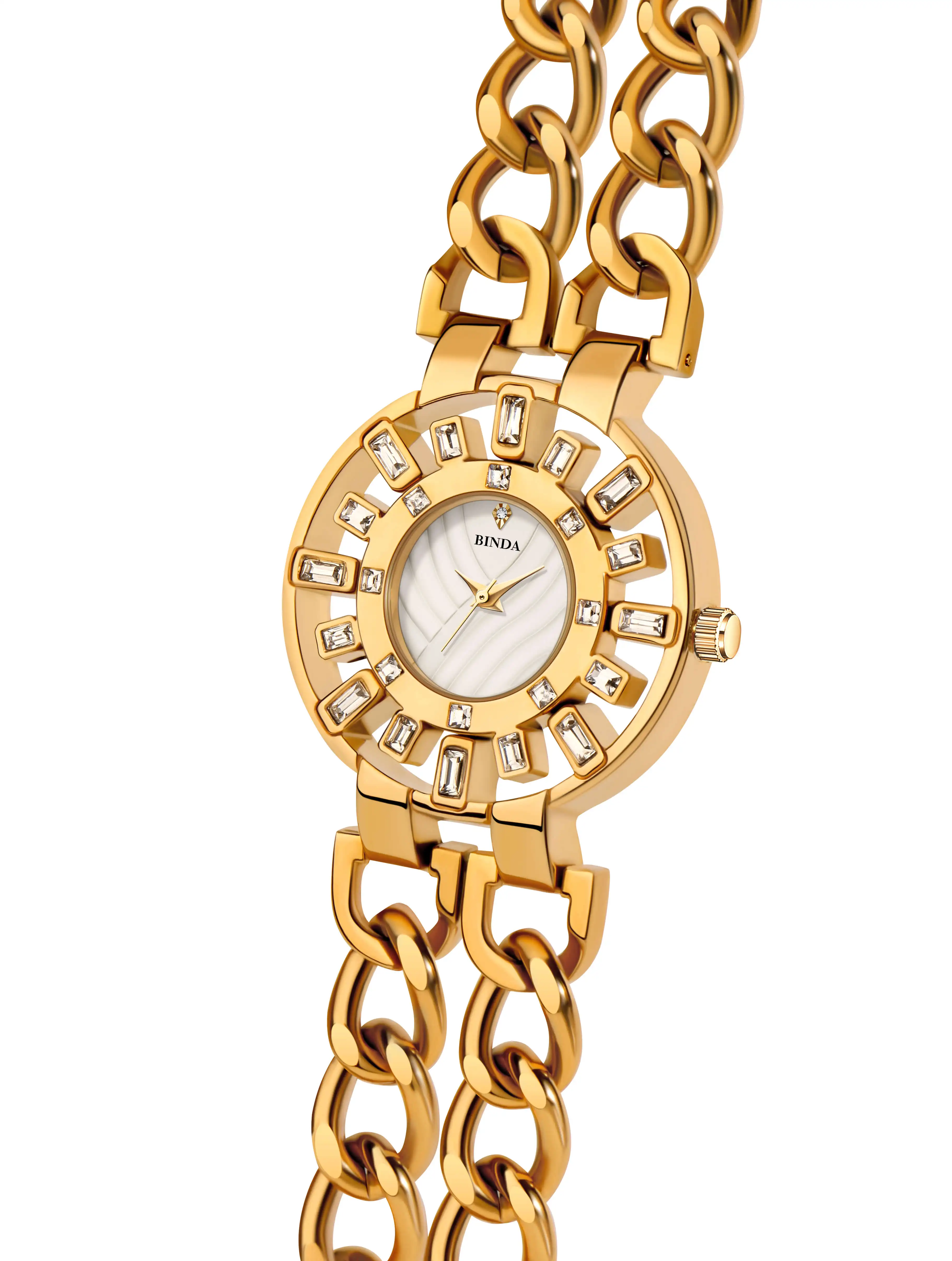 【Binda】قطعة واحدة من سوار كوارتز نسائي - حزام سلسلة ذهبية، مينا كريستال منقوش ثلاثي الأبعاد، ساعة عصرية فاخرة مع صندوق هدايا