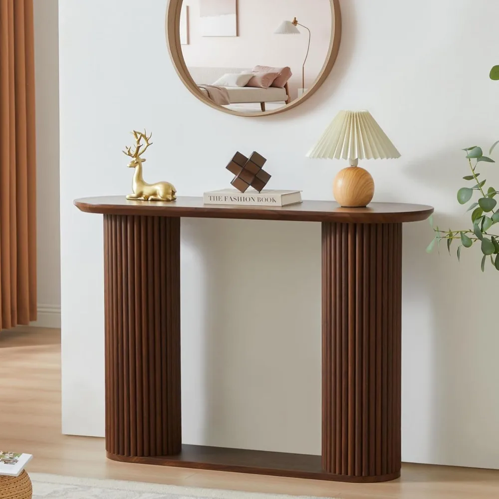 

Fluted Entryway Console Table, with Storage Shelf, Oval Curved Mid Century Couch Table Behind Sofa Console Tables