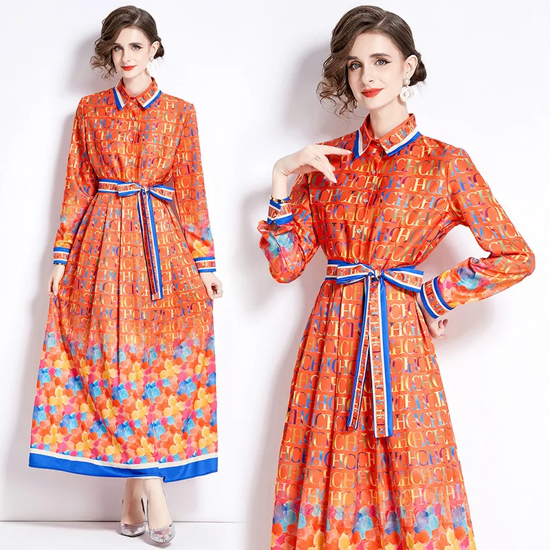 

Vintage Printed Midi Dress for Women Fashion V Neck Long Sleeves Bodycon Dresses 2024 Summer Lady Street Robes