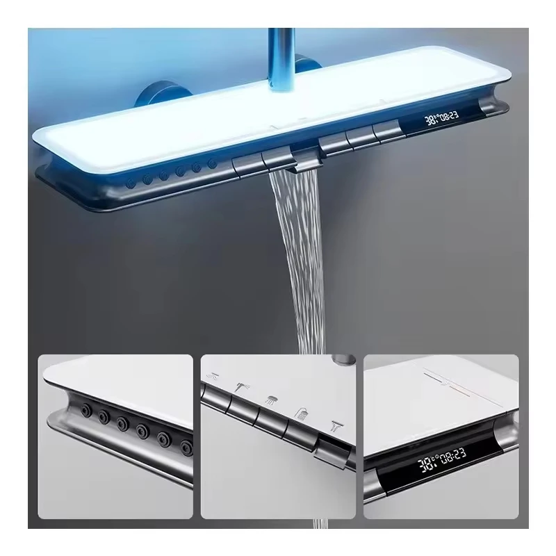 Inteligentny zestaw prysznicowy LED z cyfrowym wyświetlaczem, czterofunkcyjny, mosiężny, polerowana kwadratowa głowica prysznicowa, ceramiczny deszczownica, podciśnieniowy, do pleców, SPA, do mieszkania.