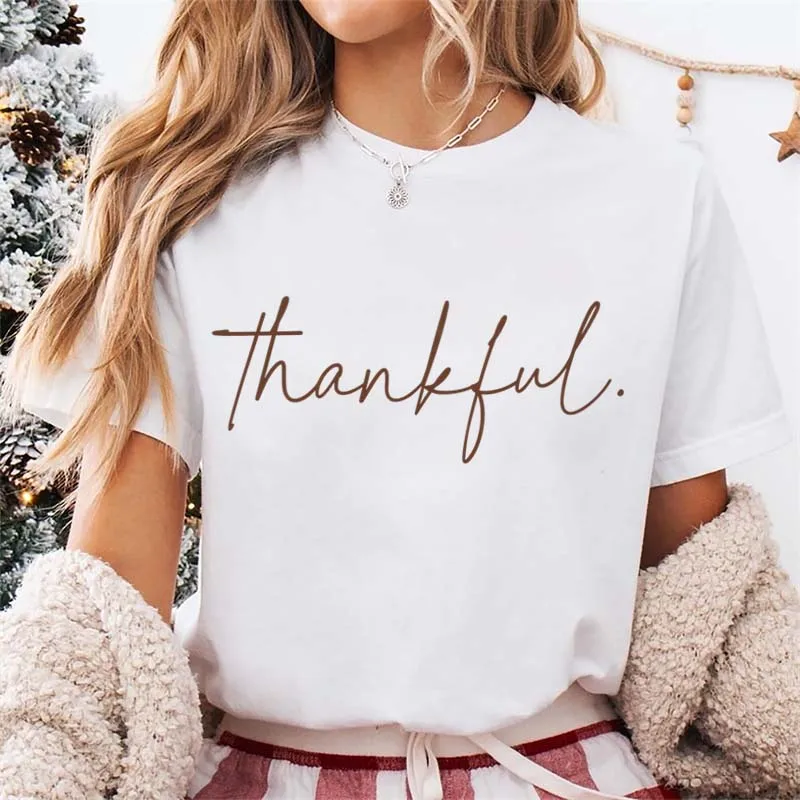 Thankful Graphic T-Shirt Women's Clothing Short Sleeve Casual Basic Printed Letters Women's Casual Regular Fashion White T-Shirt