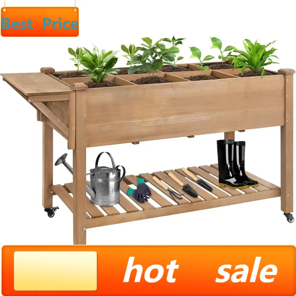

Hot salesRaised Garden Bed with Lockable Wheels Mobile Elevated Wood Planter,Storage Shelf, Protective Liner,55.5x24x32in (Brown