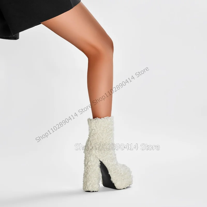 White Lamb Wool Mid Calf Round Toe Platform Boots Slip On Women Shoes Chunky High Heels Fashion Party 2023 Zapatos Para Mujere