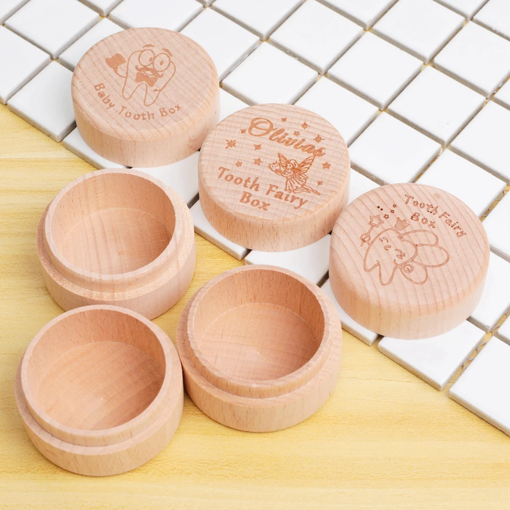 Personalized Baby Tooth Box Keepsake Round Wooden Tooth Fairy Holder First Milk Teeth Storage Birthday Gift for Girls & Boys