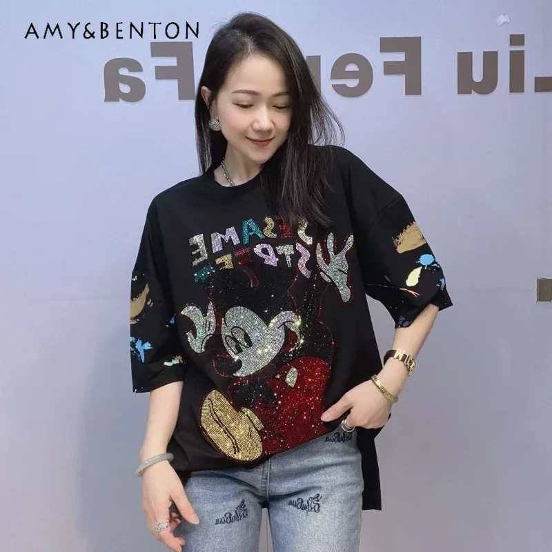 

Hot Rhinestone Oversize Round Neck Loose T-shirt For Women's Summer Cotton Fashion Slit Half Sleeved Versatile Top Tees Pullover